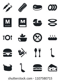 Set of vector isolated black icon - spoon and fork vector, cafe, menu, salad, plates, bacon, bread, chicken, steak, kebab, hamburger, ladle, sushi, cheese