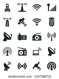 Set of vector isolated black icon - antenna vector, satellite, wireless notebook, office phone, radio, remote control, cellular signal