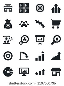 Set of vector isolated black icon - checkroom vector, growth statistic, money bag, crisis graph, store, monitor statistics, pie, hr, target, consumer search, arrow up, cart, presentation, storefront