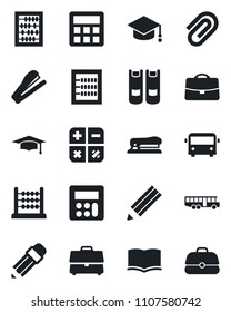 Set of vector isolated black icon - airport bus vector, book, calculator, graduate, abacus, case, paper clip, pencil, stapler