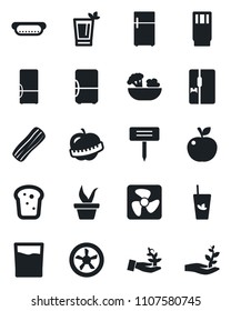 Set of vector isolated black icon - seedling vector, plant label, diet, fridge, drink, phyto bar, salad, bacon, bread, hot dog, apple fruit, fan, palm sproute