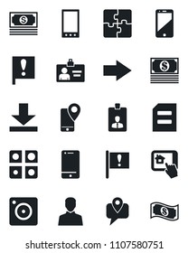 Set of vector isolated black icon - right arrow vector, identity card, document, important flag, cash, mobile tracking, cell phone, camera, user, download, application, home control app