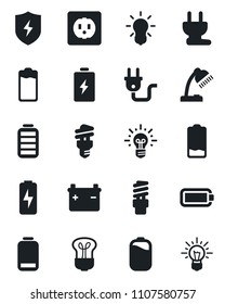 Set of vector isolated black icon - battery vector, low, protect, charge, desk lamp, socket, power plug, bulb, energy saving, idea