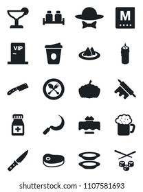 Set of vector isolated black icon - spoon and fork vector, coffee, sickle, pumpkin, pills bottle, restaurant table, serviette, menu, cocktail, beer, plates, salt pepper, candle, vip zone, dress code