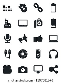 Set of vector isolated black icon - camera vector, vinyl, flame disk, loudspeaker, equalizer, tv, video, microphone, headphones, monitor, laptop pc, radio phone, chain, finger up, battery, low, rca
