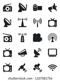 Set of vector isolated black icon - antenna vector, satellite, radio, loudspeaker, tv, video camera, wireless