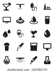 Set of vector isolated black icon - water drop vector, dropper, monitor, alcohol, drink, cocktail, filter, sprinkler, flask