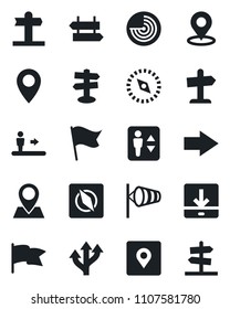 Set of vector isolated black icon - elevator vector, escalator, signpost, right arrow, wind, radar, route, pin, download, place tag, compass, flag, guidepost