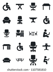 Set of vector isolated black icon - cafe vector, waiting area, disabled, office chair, desk, picnic table, cushioned furniture, restaurant, man with notebook