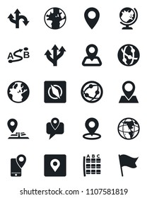 Set of vector isolated black icon - globe vector, seat map, route, navigation, earth, pin, mobile tracking, network, place tag, compass, flag