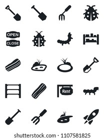 Set of vector isolated black icon - job vector, garden fork, shovel, lady bug, caterpillar, pond, rack, rent, bacon, open close, rocket