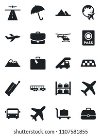 Set of vector isolated black icon - plane vector, runway, taxi, suitcase, baggage trolley, airport bus, umbrella, passport, ladder car, helicopter, luggage storage, globe, mountains, case