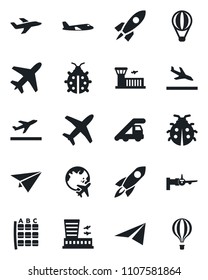 Set of vector isolated black icon - plane vector, departure, arrival, ladder car, boarding, seat map, globe, airport building, lady bug, rocket, paper, air balloon