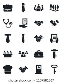 Set of vector isolated black icon - medical room vector, handshake, team, tie, document, stethoscope, meeting, cook hat, case