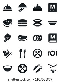 Set of vector isolated black icon - spoon and fork vector, dish, cafe, menu, plates, waiter, steak, kebab, hamburger, bowl, sushi
