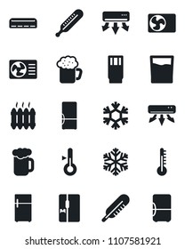 Set of vector isolated black icon - thermometer vector, heater, air conditioner, fridge, drink, beer, snowflake