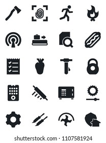 Set of vector isolated black icon - baggage conveyor vector, safe, tie, ripper, fire, axe, run, real heart, heavy, settings, brightness, document search, checklist, kebab, hot dog, rolling pin