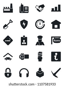 Set of vector isolated black icon - smoking place vector, identity card, shovel, package, video camera, headphones, radio phone, protect, lock, bar graph, garage, rooms, smart home, factory, cook