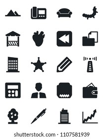 Set of vector isolated black icon - antenna vector, waiting area, pencil, caterpillar, real heart, folder document, rewind, hdmi, calculator, pen, fruit tree, mountains, estate agent, city house