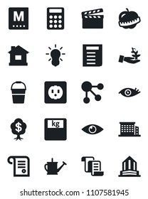 Set of vector isolated black icon - contract vector, document, watering can, bucket, house, scales, eye, diet, clapboard, calculator, office building, menu, socket, bulb, palm sproute, social media