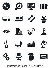 Set of vector isolated black icon - phone vector, office building, statistic monitor, fence, seedling, sproute, caterpillar, eye, cash, chair, desk lamp, sun panel, client search, factory, beer, pc