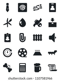 Set of vector isolated black icon - tie vector, water drop, caterpillar, broken bone, satellite, package, route, reel, fingerprint id, paper clip, identity card, beer, radiator, warm floor, sound