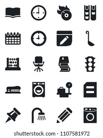 Set of vector isolated black icon - luggage scales vector, office chair, book, abacus, document, calendar, pencil, traffic light, clock, flame disk, notes, drawing pin, stapler, bathroom, washer