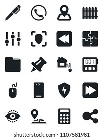 Set of vector isolated black icon - mouse vector, fence, navigation, settings, paper pin, fast forward, rewind, phone back, protect, stopwatch, folder, face id, eye, application, calculator, pen