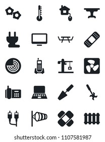 Set of vector isolated black icon - wind vector, radar, gear, notebook pc, trowel, picnic table, ripper, patch, office phone, monitor, rca, crane, home control, power plug, fan, thermometer
