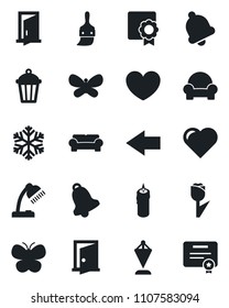 Set of vector isolated black icon - left arrow vector, pennant, butterfly, garden light, heart, tulip, themes, bell, certificate, desk lamp, cushioned furniture, candle, snowflake, door, certificate