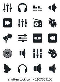 Set of vector isolated black icon - vinyl vector, flame disk, microphone, radio, speaker, settings, equalizer, headphones, fast forward, rewind, tuning, bell, record, sound