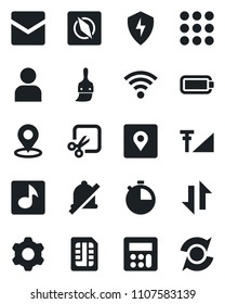 Set of vector isolated black icon - menu vector, protect, settings, themes, user, calculator, stopwatch, mail, sim, data exchange, wireless, mute, cut, place tag, compass, music, cellular signal