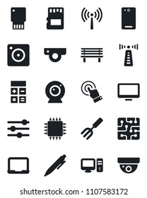 Set of vector isolated black icon - antenna vector, calculator, pen, notebook pc, garden fork, bench, touch screen, monitor, phone back, mobile camera, tuning, sd, chip, web, usb flash, surveillance