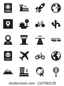 Set of vector isolated black icon - airport tower vector, runway, bus, passport, luggage scales, plane globe, building, bike, route, earth, pin, place tag, mountains, rocket, air balloon