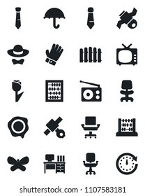 Set of vector isolated black icon - office chair vector, abacus, desk, tie, stamp, fence, glove, butterfly, satellite, umbrella, tulip, radio, tv, dress code, clock