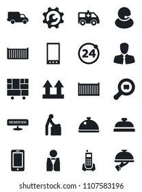 Set of vector isolated black icon - 24 around vector, baby room, mobile phone, ambulance car, office, support, client, cargo container, delivery, consolidated, up side sign, search, root setup, dish