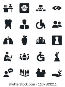 Set of vector isolated black icon - female vector, disabled, pedestal, team, manager place, lungs, real heart, tooth, eye, hospital, client, speaker, group, fingerprint id, desk, meeting, hierarchy