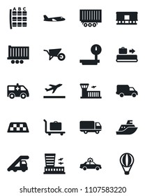 Set of vector isolated black icon - taxi vector, departure, baggage conveyor, trolley, alarm car, ladder, plane, seat map, airport building, wheelbarrow, ambulance, sea shipping, truck trailer
