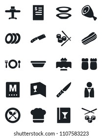 Set of vector isolated black icon - spoon and fork vector, waiter, restaurant table, cafe, cook hat, wine card, menu, plates, bacon, salt pepper, receipt, ham, bowl, knife, sushi