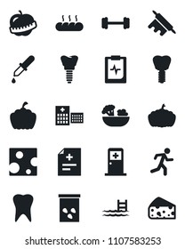 Set of vector isolated black icon - medical room vector, pumpkin, seeds, diagnosis, dropper, barbell, run, tooth, implant, pulse clipboard, diet, hospital, pool, salad, bread, rolling pin, cheese