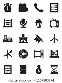 Set of vector isolated black icon - alarm clock vector, abacus, film frame, vinyl, tv, video camera, microphone, call, office phone, fireplace, rolling pin, outdoor lamp, fridge, windmill, money bag