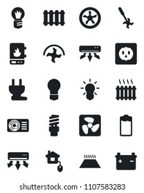 Set of vector isolated black icon - bulb vector, ripper, battery, heater, air conditioner, home control, socket, power plug, fan, water, radiator, warm floor, energy saving