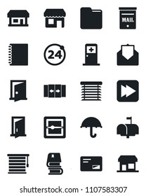 Set of vector isolated black icon - 24 around vector, automatic door, medical room, store, umbrella, mail, fast forward, scanner, folder, copybook, book, mailbox, jalousie, storefront