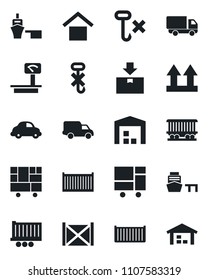 Set of vector isolated black icon - railroad vector, truck trailer, cargo container, car delivery, sea port, consolidated, warehouse storage, up side sign, no hook, package, heavy scales