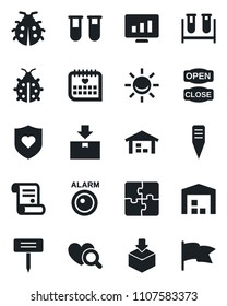 Set of vector isolated black icon - statistic monitor vector, contract, lady bug, plant label, blood test vial, heart diagnostic, shield, medical calendar, package, application, warehouse, alarm led