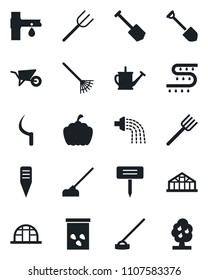 Set of vector isolated black icon - job vector, farm fork, rake, watering can, wheelbarrow, hoe, sickle, plant label, pumpkin, greenhouse, seeds, drip irrigation, fruit tree