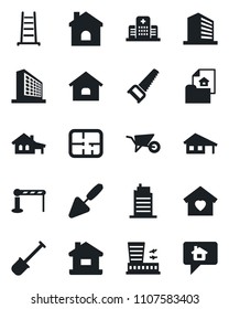 Set of vector isolated black icon - barrier vector, airport building, office, trowel, shovel, ladder, wheelbarrow, saw, house, hospital, with garage, plan, estate document, sweet home, city, message