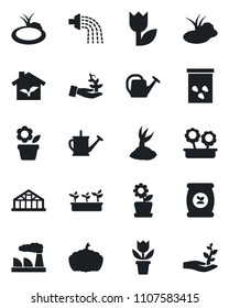 Set of vector isolated black icon - factory vector, flower in pot, watering can, sproute, seedling, pumpkin, greenhouse, seeds, pond, fertilizer, tulip, eco house, palm