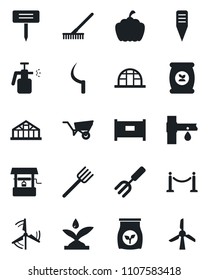 Set of vector isolated black icon - fence vector, garden fork, farm, rake, wheelbarrow, well, sickle, plant label, pumpkin, greenhouse, sprayer, fertilizer, drip irrigation, windmill