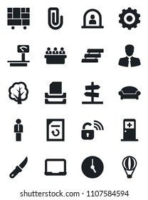 Set of vector isolated black icon - waiting area vector, reception, medical room, manager, gear, notebook pc, meeting, document reload, tree, garden knife, client, consolidated cargo, heavy scales